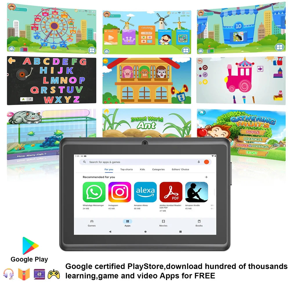 New 5G WIFI 7-inch Children's Tablet 4GB+64GB ROM Mini Pad Quad Core Dual Cameras Kids-Proof protective Case Tablets Android 13