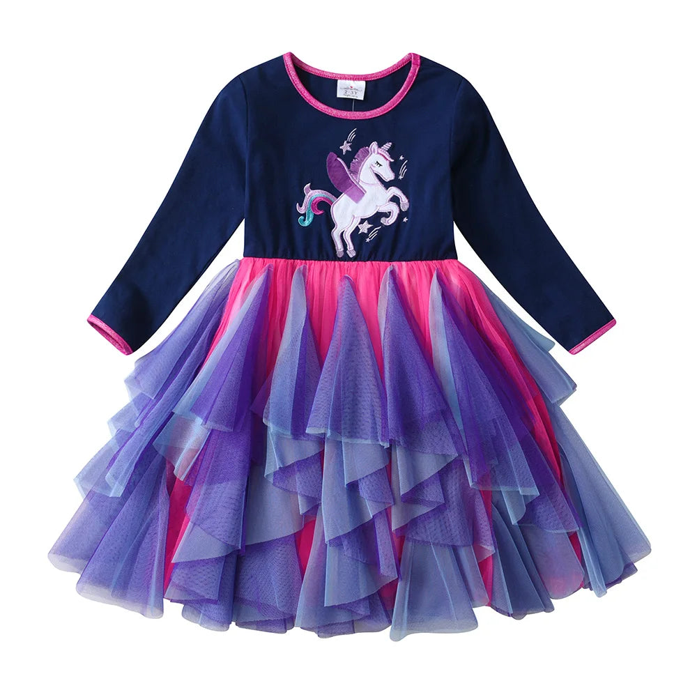 VIKITA Girls Multicolor Tulle Dress Kids Licorne Print Long Sleeve Irregular Tutu Dress for Autumn Teenagers Party Prom Gown