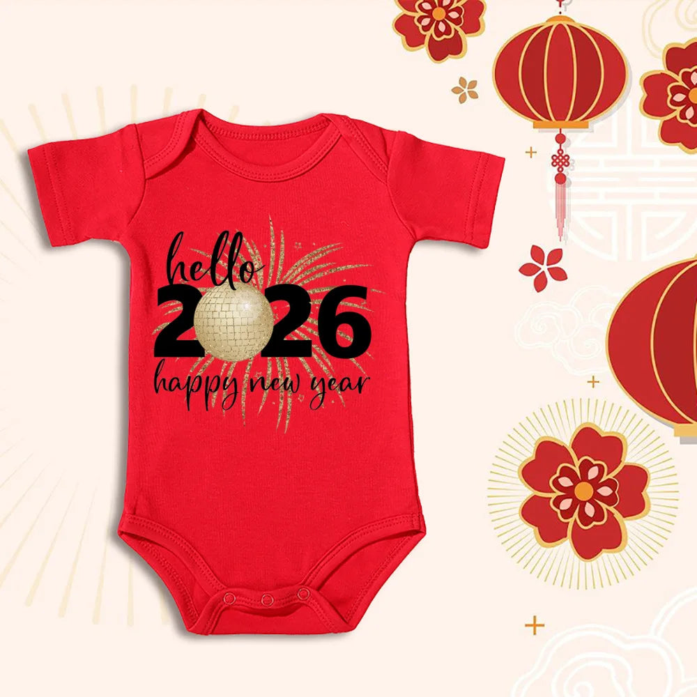 Hello 2026 New Year Print Baby Cotton Bodysuit Newborn Cotton Baby Romper Infant Short Sleeve Bodysuit 1st New Year Clothes
