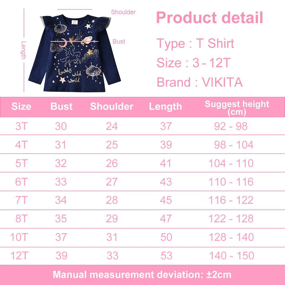 VIKITA Girls Cartoon Sequined Appliqued T Shirts Kids Long Sleeve Autumn Spring Cotton T Shirts Kids Casual Wear Tops and Tees