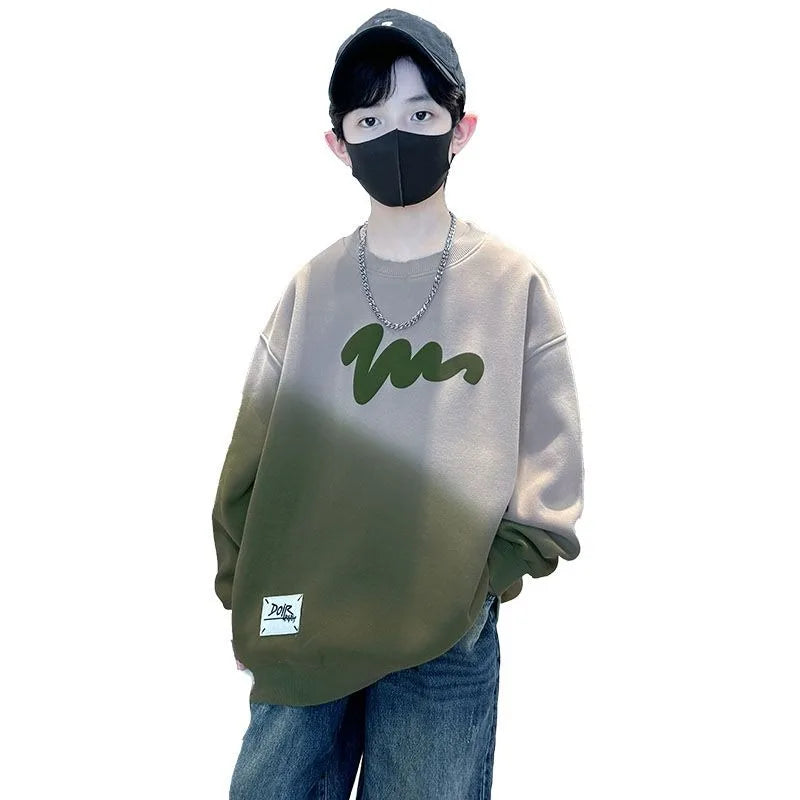 Boys' Medium-Large 2025 Autumn/Winter Trendy Fleece-Lined & Thickened Warm Loose Fit No Hood Sweatshirt