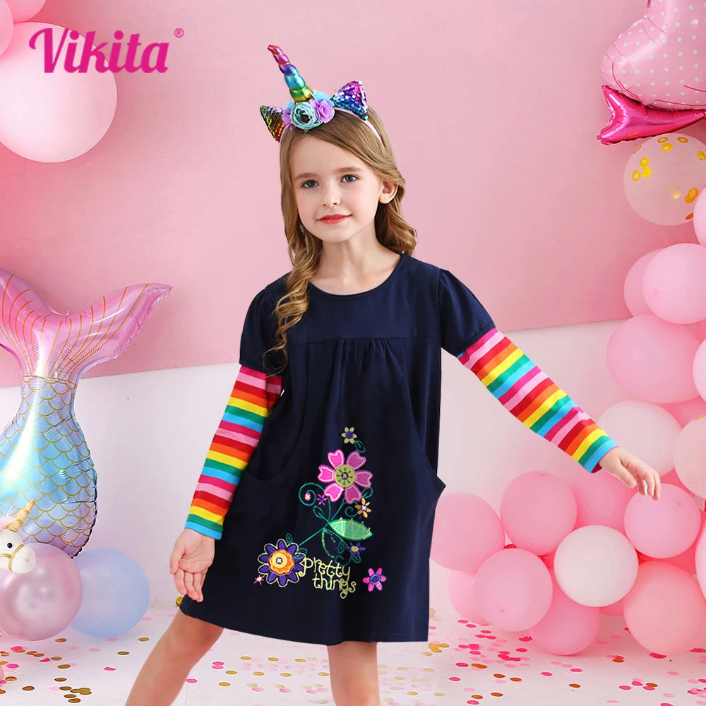 VIKITA Girls Flower Print Dress Kids Autumn Spring Long Dress with Pockets Girls Rainbow Striped Cotton Casaul Straight Dresses