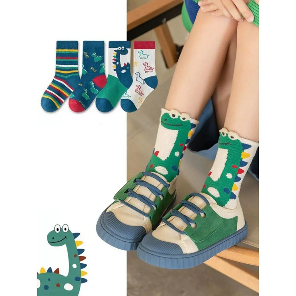 ‌Boys Girls Cartoon Dinosaur Mid-Crew Socks Soft Breathable Sport Striped Cotton Socks for Children Athletic Casual Outfit