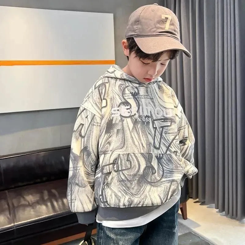 2025 New Boys' Mid-Large Spring-Autumn Trendy Brand Hooded Hoodie - Stylish Kids' Spring Wear Top