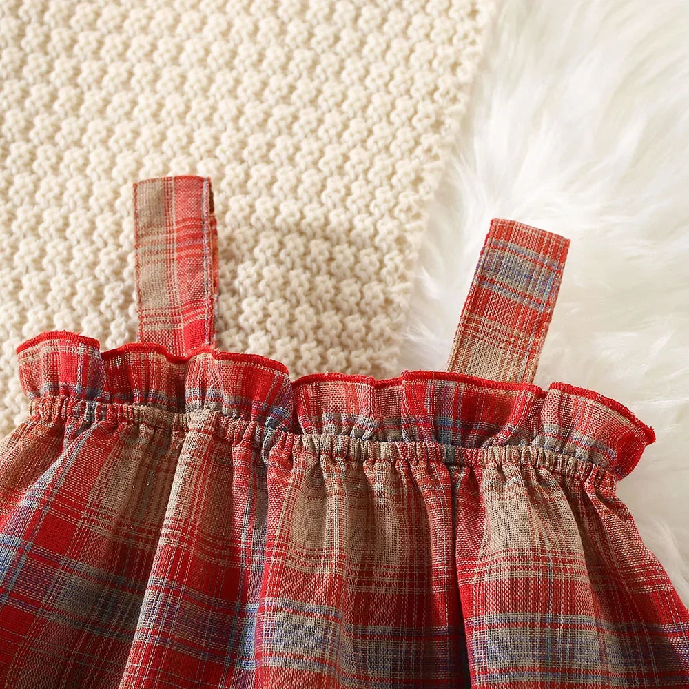 2Pcs/SetGirl's Dress Summer New Children's French Sweet Sling Dress Little Girl Red Checkered Cake Dress Comes with Hat