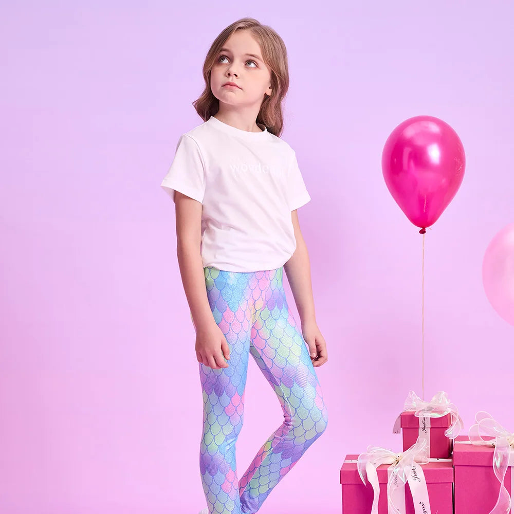 VIKITA Kids Mermaid Print Leggings Girls Colorful Skinny Pants Toddler Casual Pencil Trousers Daily Casual Wear Children Clothes