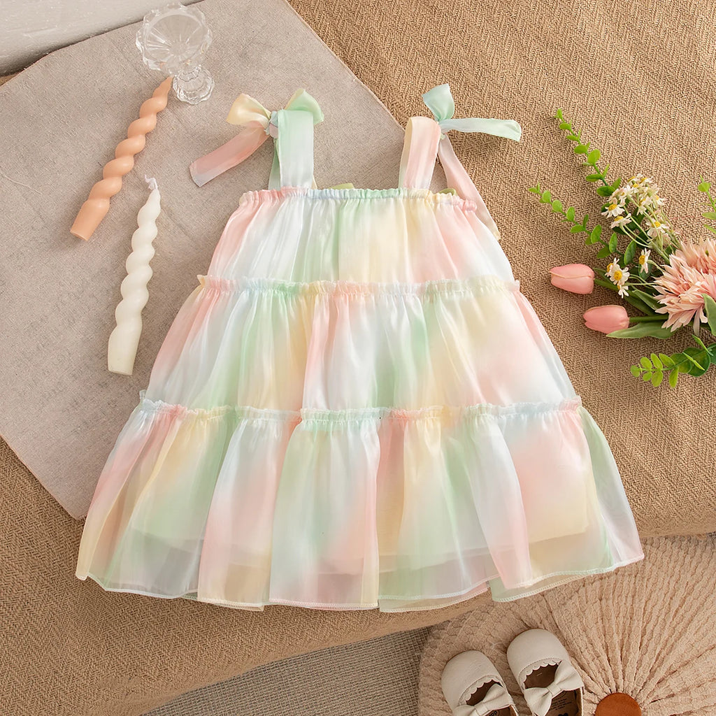 Summer New Colorful Tie Dye Sling Baby Girl Dress, Sweet Flower Children'S Clothing For Babies Aged 9 Months To 4 Years Old