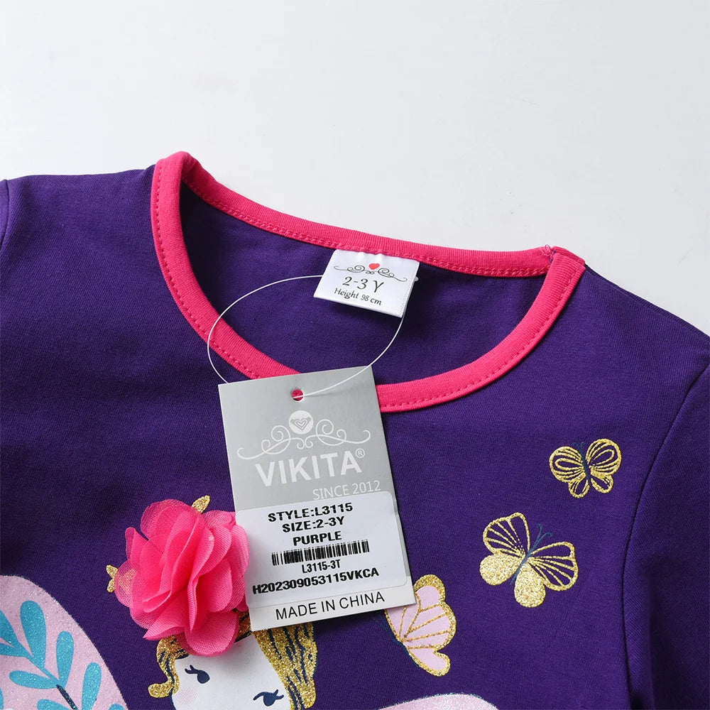 VIKITA Kids Butterfly Doll Cartoon Print T Shirt Girl Autumn Spring Long Sleeve Striped Cotton Casual Tops and Tees Kids Clothes