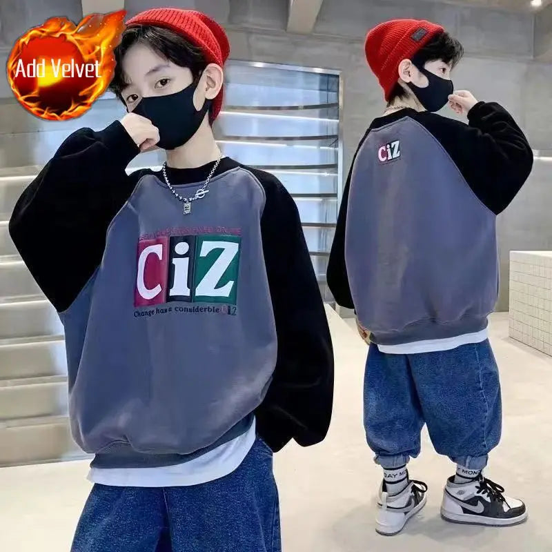 Boys' Medium-Large 2025 New Arrival No Hood Street-Style Korean Trendy Layering Top Kids Sweatshirt for Spring/Autumn