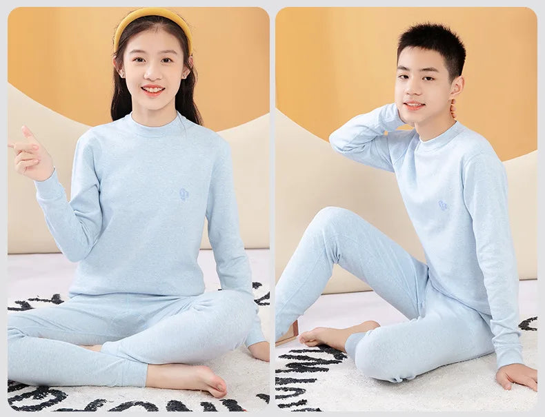 Thermal Underwear for Boys Cotton Thicken Warm Autumn Winter Teenage Children Underwears Set Solid Two Pieces Girls Clothing Set
