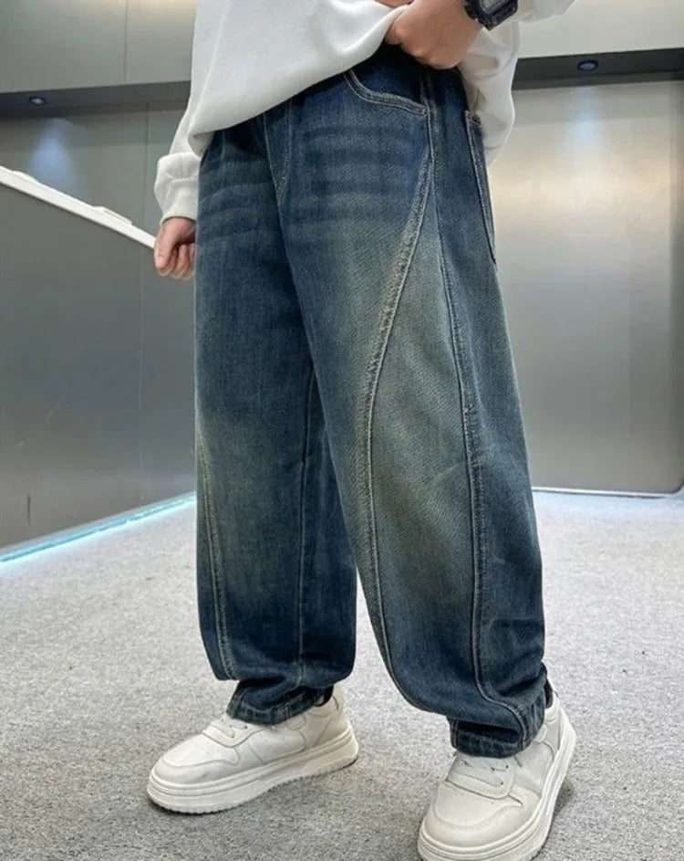 2025 New Korean Style Boys Jeans Spring Autumn Loose Fit Elastic Casual Kids Big Kids Fashion Trendy Jeans