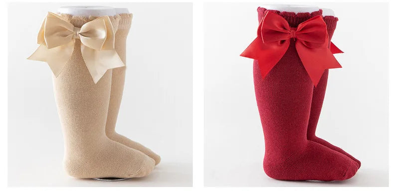 1 Pair Spanish Style Girls Socks Solid Color Big Bow 100% Cotton Baby Children Toddlers Long Socks Princess Knee High Socks