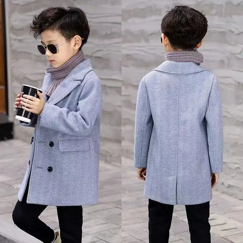 Boys Autumn Winter Quilted Thickened Wool Coat Korean Style New Big Kids Mid Length Stylish Coat