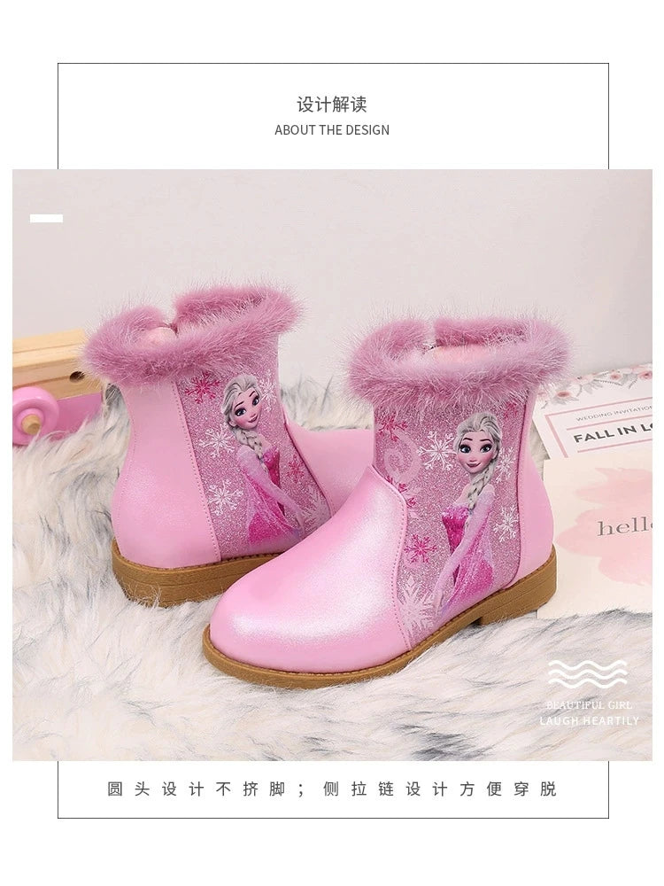 Disney Girls' Boots Winter Fashion Frozen Elsa Princess Children's Short Girls' Cotton Fur Ankle Boots Girls' Pink Shoes Size 25