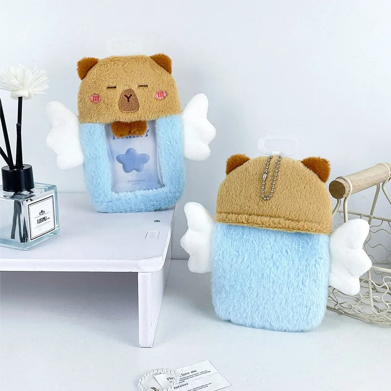 Card Sleeve Cute Blue Capybara With Angel Card Cover Anti-Lost Protective Photo Storage Capybara Identity Student Collection