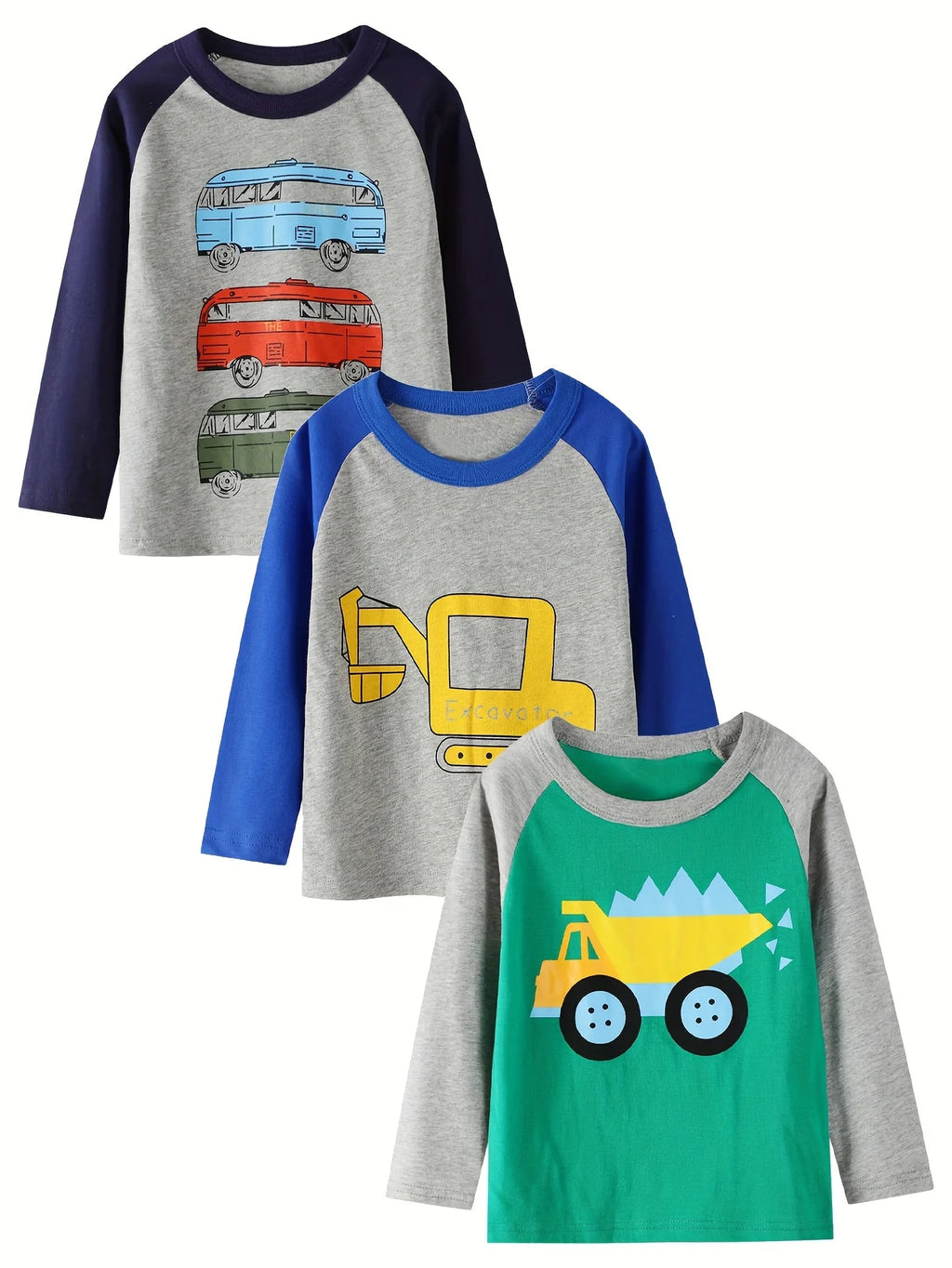 3-Pack 100% Cotton Boys' Long Sleeve T-Shirts with Random Construction Vehicle Prints - Casual Spring/Autumn Style