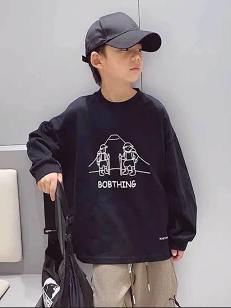 Cartoon Loose Top Kids Boys Clothes Tops Child T-shirt Children's Clothing 7 To 12 Years Spring Autumn Long Sleeve Oversized Boy