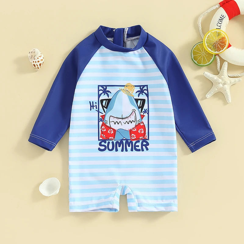Children s Boys Summer Swimwear Cute Shark Print Short Sleeve Rash Guard Swimsuit Beachwear Bathing Suit for Kids