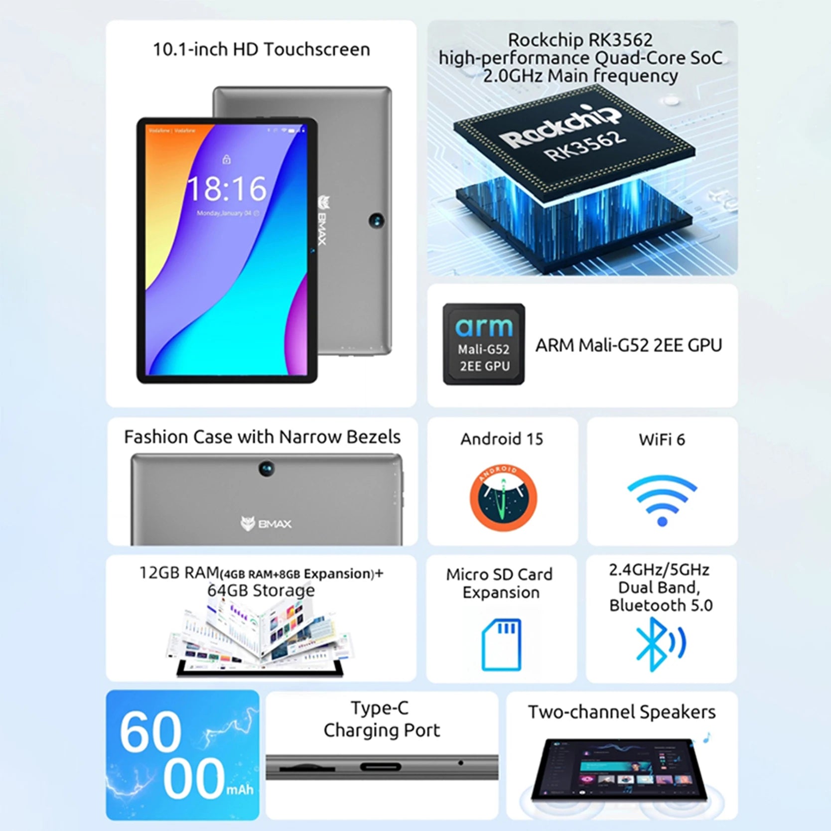 BMAX Kids Tablet I9 Plus Android 15 GPU G522EE 8GB RAM 64GB ROM 10.1 Inch Allwinner RK3562 Quad Core Port Tablets PC WIFI 6