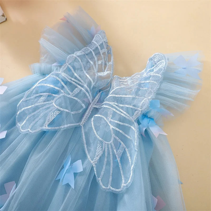 Elegant Baby Girl Lace Dress Sleeveless Square Neck Bow Tulle Princess Dress Toddler Party Dress with Angel Wings