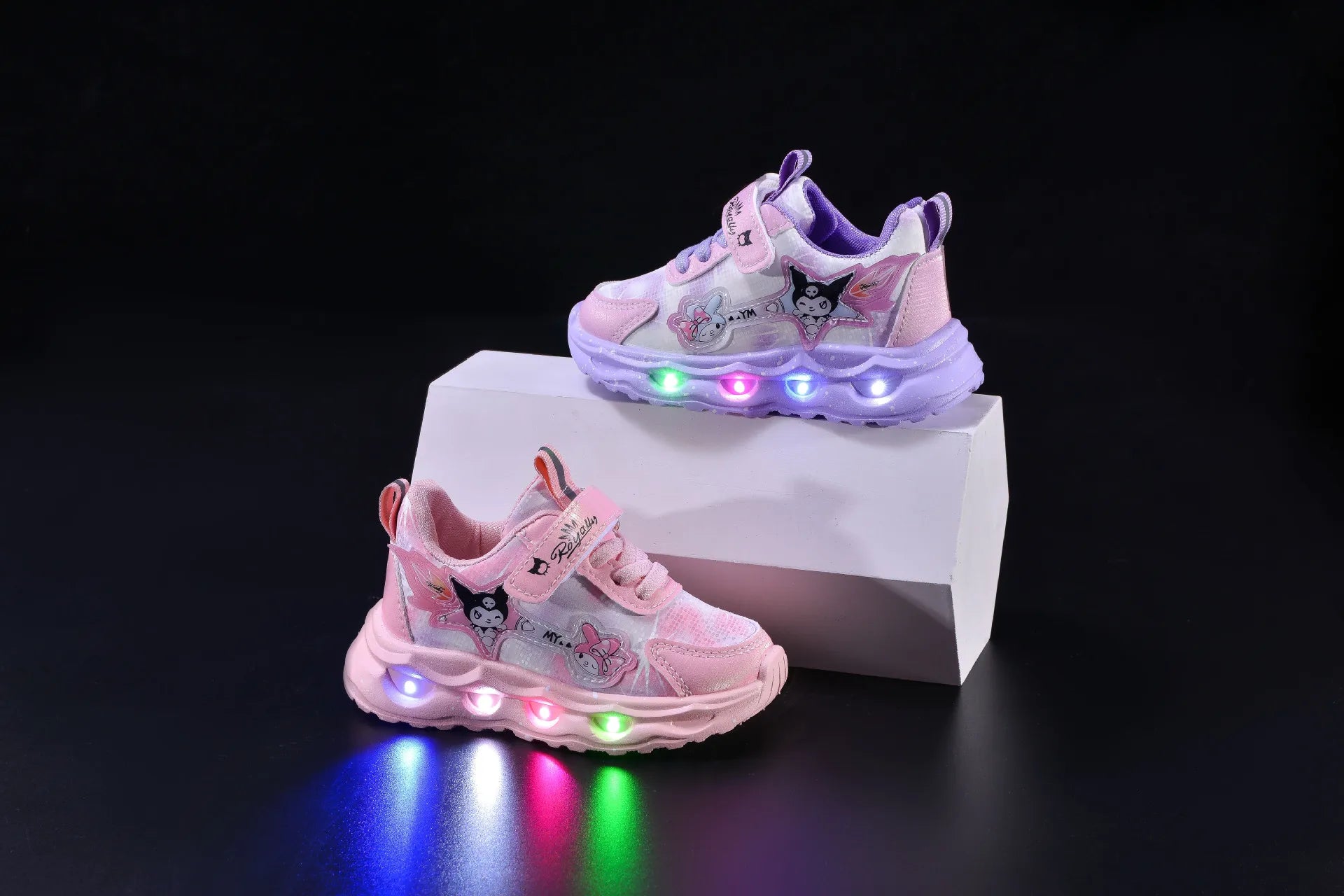 Kids'Casual Shoes Girls Led Light Cartoon PU Leather Spring Fashion Flat Bottom Anti-slip Soft Bottom Pink Purple Size 21-30