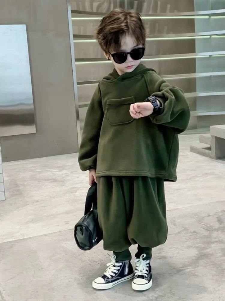 2025 New Boys' Cool-Style Autumn-Winter Polar Fleece Two-Piece Outfit