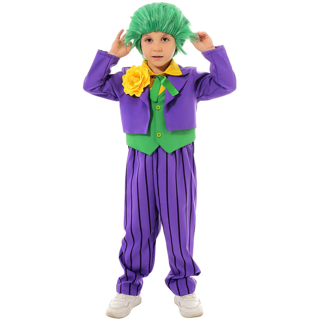 Halloween Joker Costume Green Wig Coat Bow Tie Pants Corsage For Child Toddler Boys Joker Comic Cosplay Party Outfits
