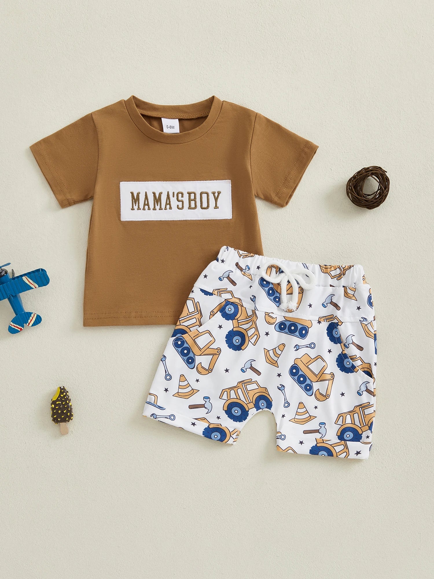 Adorable Baby Boys Summer Outfits with Fun Letter Print T-Shirt and Cute Digger Print Shorts Set for 2-Piece Stylish Ensemble