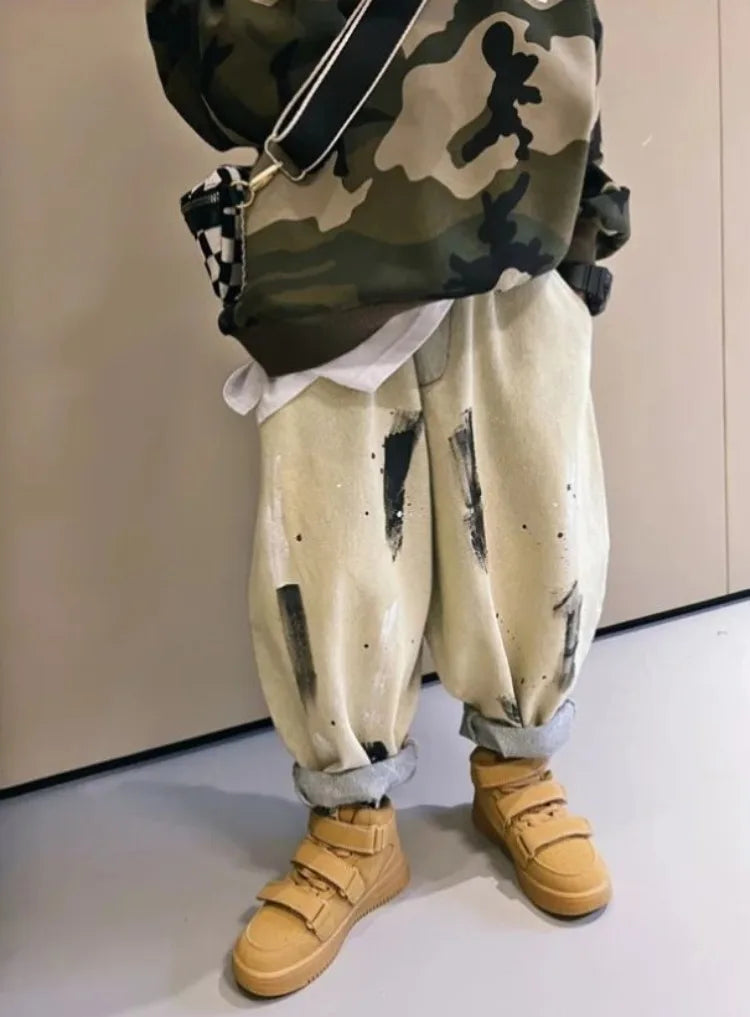 2025 Spring/Autumn Boys' Hip-Hop Long Pants, Kids' Size 12-14 Versatile Graffiti Casual Streetwear Trousers