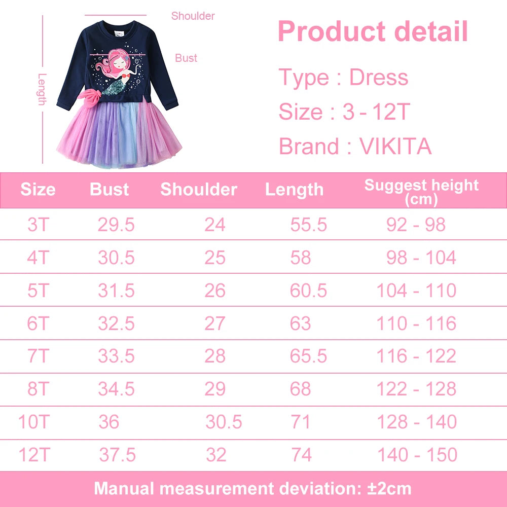 VIKITA Girls Sweater Dress Children Cotton Casual Patchwork Dress Kids Mermaid Appliqued Princess Cartoon Party Fashion Dresses