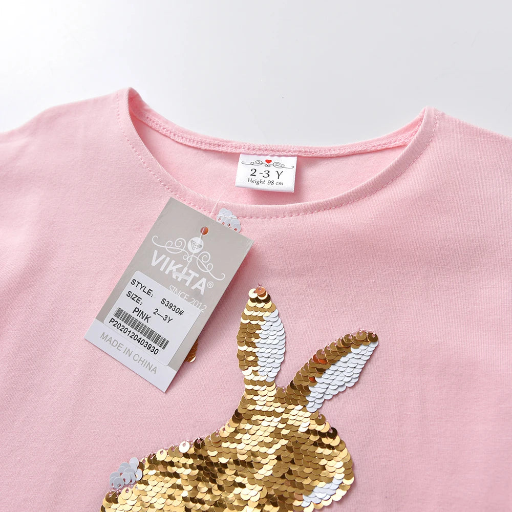 VIKITA Kinderbekleidung, lässige Oberteile und T-Shirts für Mädchen, Kurzarm-Sommer-T-Shirts aus Baumwolle mit Paillettenapplikationen in Hasenform