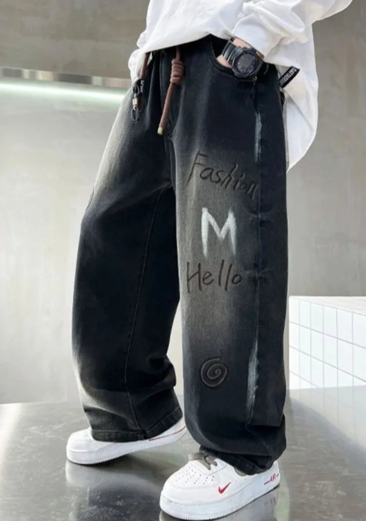 Boys' Trendy Streetwear Jeans for Spring/Fall - Loose Fit Straight-Leg Wide-Leg Denim Pants for Boys 8-14