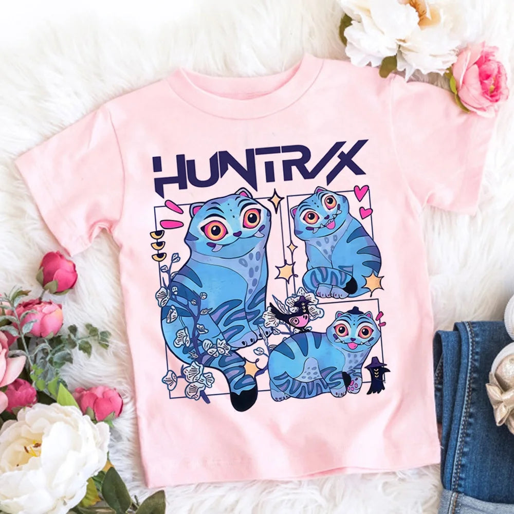2025 New KPop Demon Hunters Child Short Sleeve T-shirt Anime Character Print Tees Boys Girls Summer Casual Tops Birthday Gift