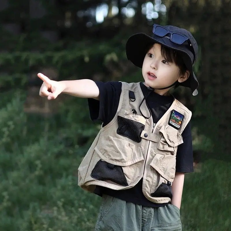 2025 New Autumn Outdoor Tactical Vest for Kids Boys Girls Olive Green Kids Cargo Vest Lightweight Waterproof Hiking Jacket