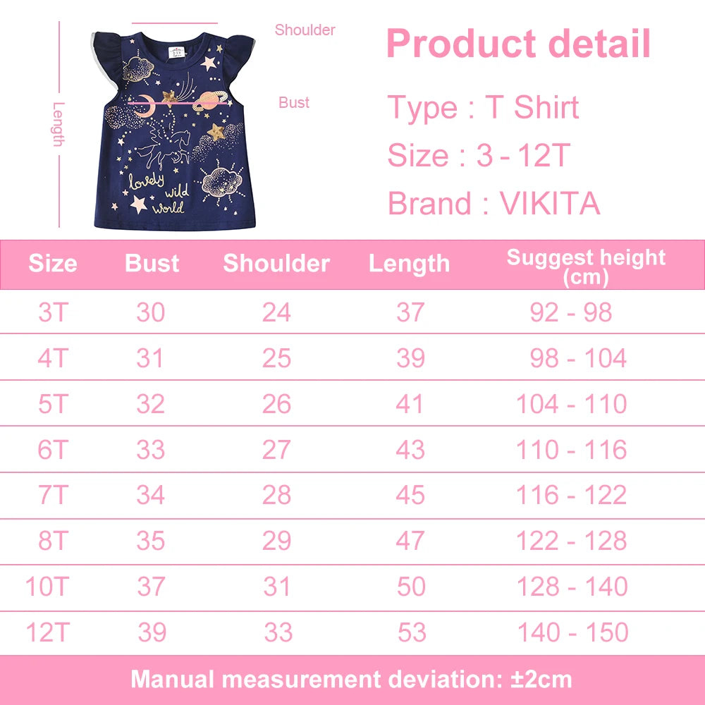 VIKITA Toddlers Girls Tops Tees Kids Glittery Stars Unicorn Starry Sequins Appliqued Fashion Navy Blue Cotton Casual T Shirt