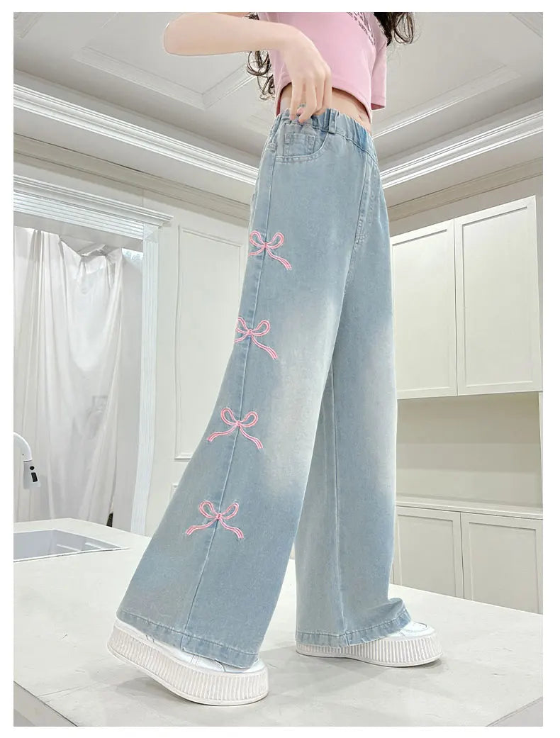 Girls' side pink bow embroidered wide-leg pants 2025 summer thin style slim straight pants suitable for outdoor 5-15 years old