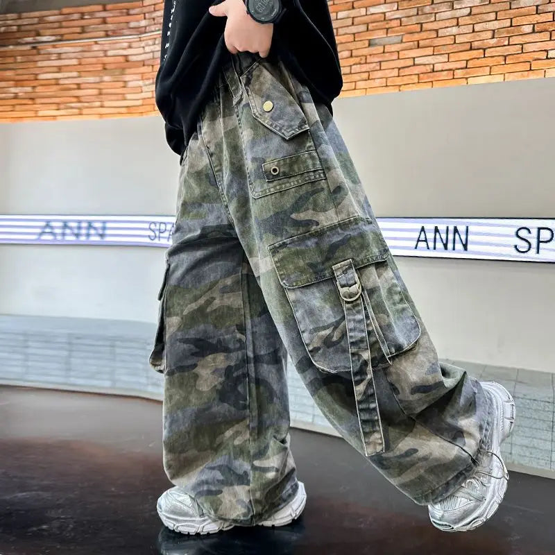 2025 New Boys Autumn Camouflage Tactical Pants - Kids Cargo Pants with Multiple Pockets, Trendy & Comfortable for 8-14 Years Old