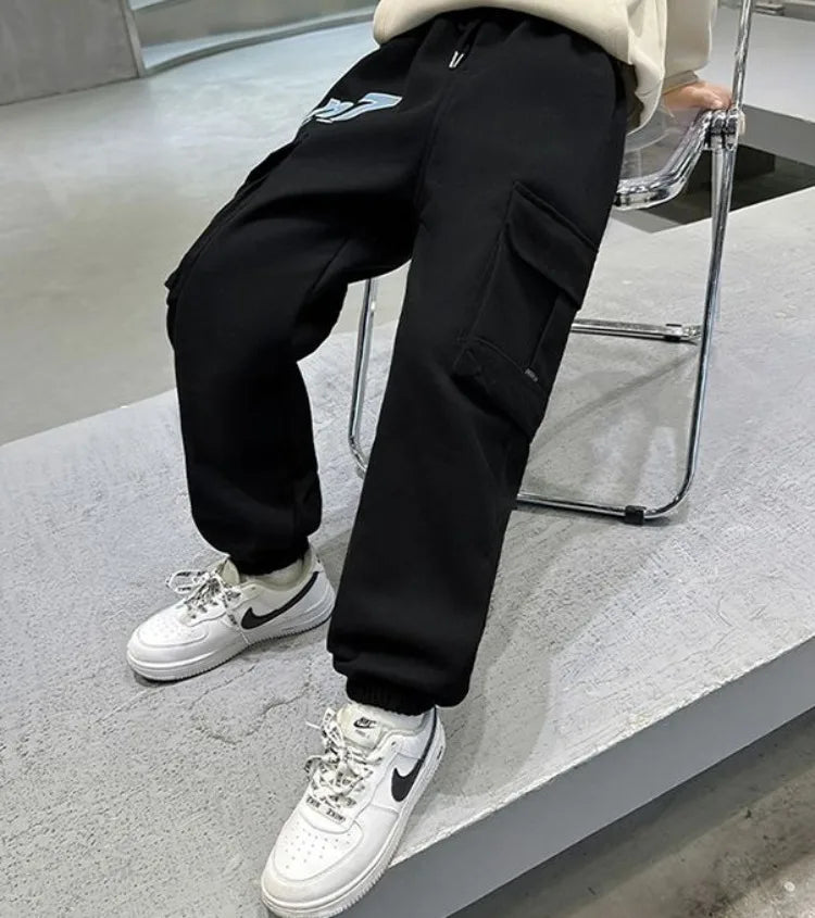 Boys Cargo Pants Spring Autumn Fleece-Lined Kids Casual Loose Long Pants Stylish Warmth Outdoor Playwear