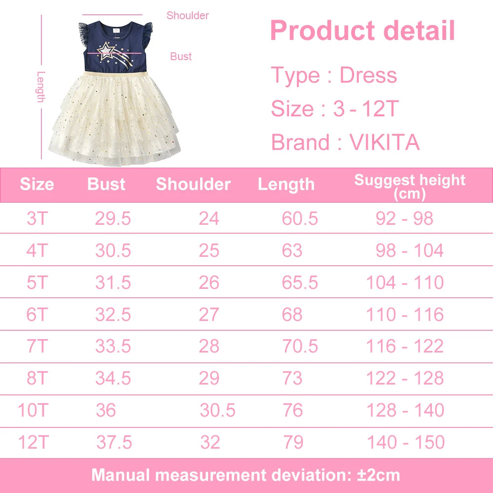 VIKITA Toddlers Flare Sleeve Summer Dress Kids Star Print Mesh Tulle Glitter Sparkling Festival Birthday Party Elegant Dress 5Y