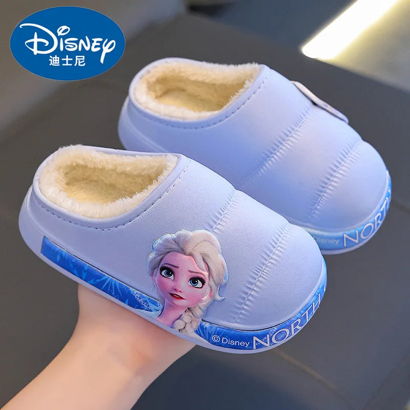 Disney Princess Elsa Girls' Cotton Frozen Winter Waterproof Wool Slippers Cartoon Parent Children's Blue Slippers Size 24-36