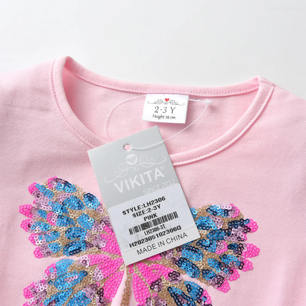 VIKITA Girls Butterfly Sequined Appliqued Long Sleeve Dress Kids Birthday Party Performance Prom Gown Shiny Princess Dresses