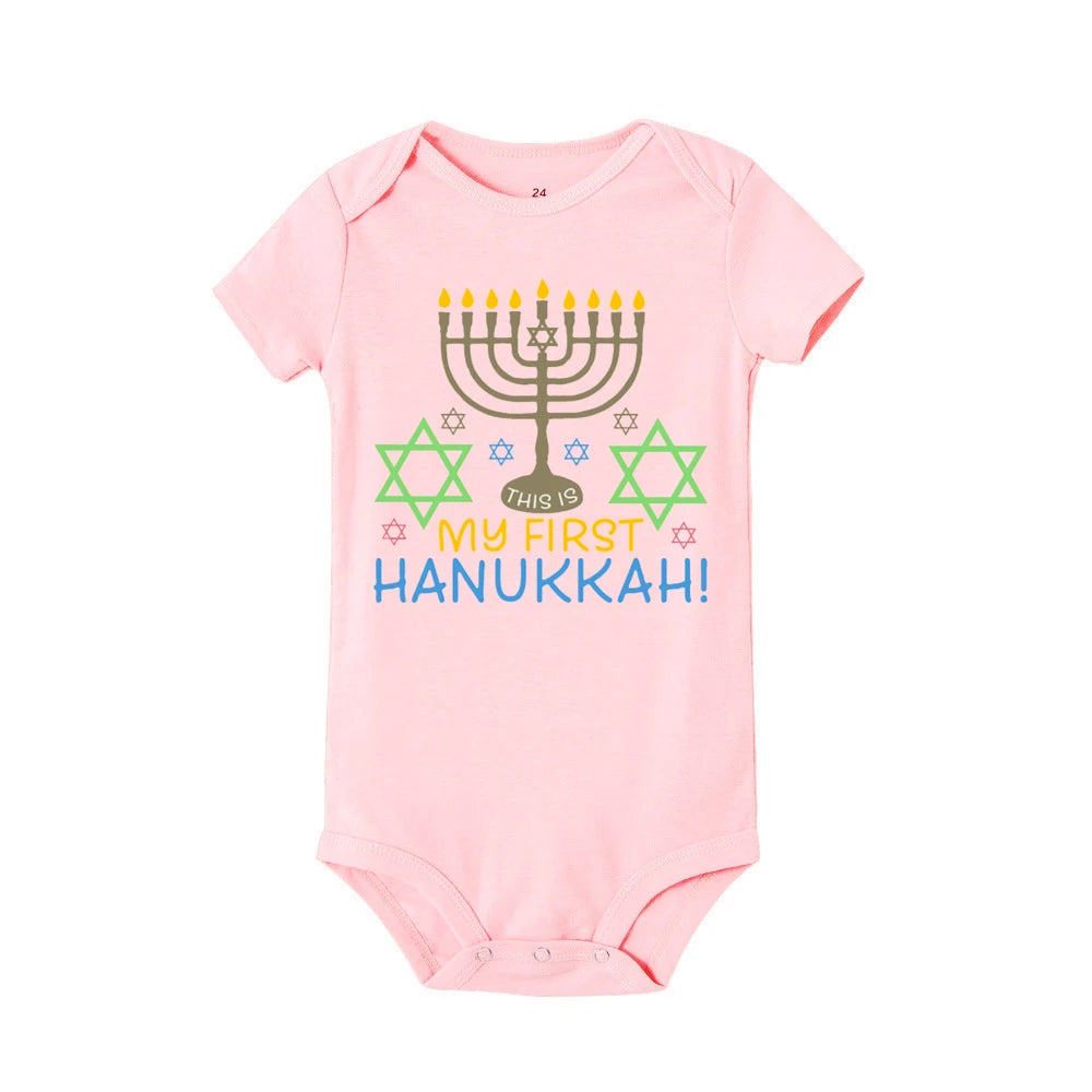 My First Hanukkah Print Baby Bodysuit Boys Girls Jewish Chanukah Short Sleeve Romper Infant Newborn Holiday Outfits Kids Clothes