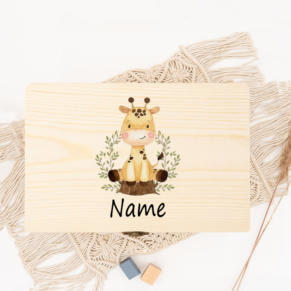 Personalized Baby Wood Box Cute Animal Print Toddler Memory Box Custom Name Infant Keepsake Box Newbron Shower Gift Kids Present