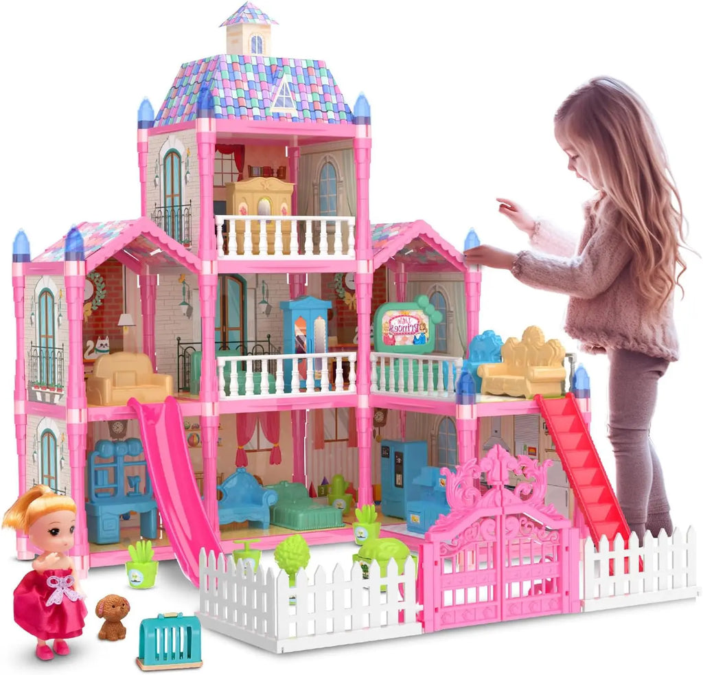 Doll House for Girls 2/8 Rooms Dollhouse with Dolls Figure Furnitures LED Light Toddler Playhouse Chrsitmas Gift for Kids Child
