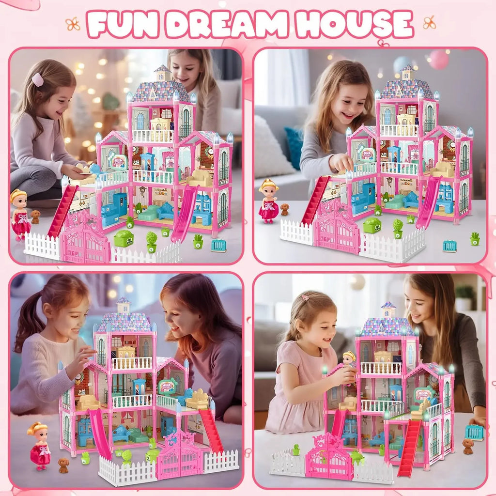 Doll House for Girls 2/8 Rooms Dollhouse with Dolls Figure Furnitures LED Light Toddler Playhouse Chrsitmas Gift for Kids Child