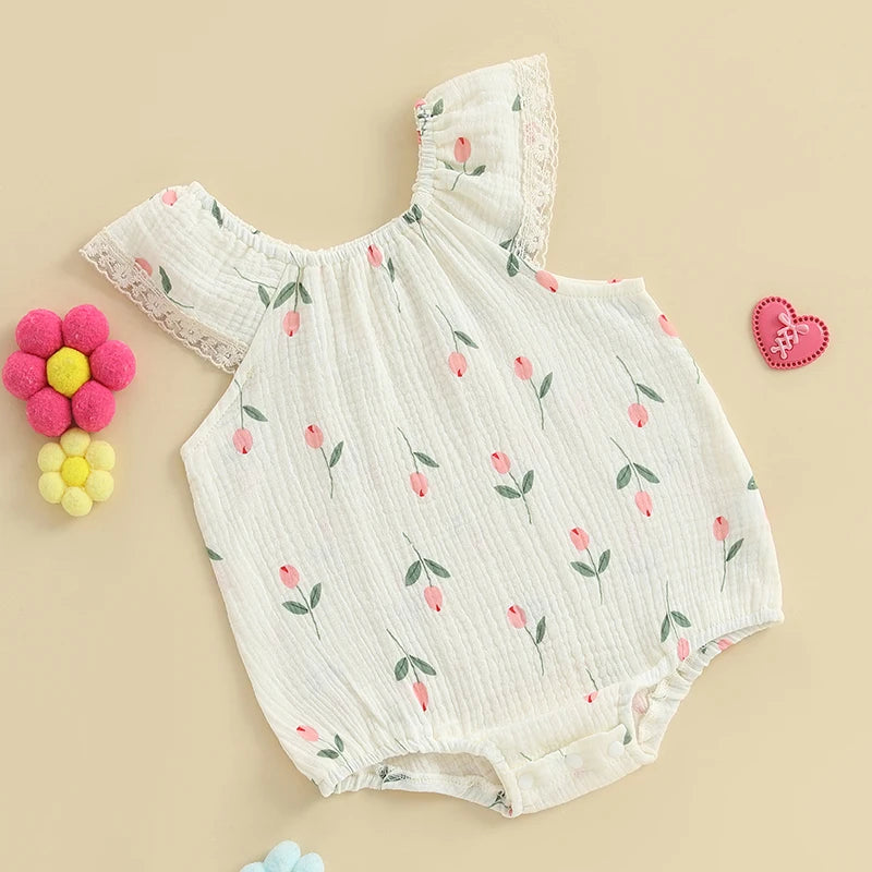 Toddler Girl Sleeveless Romper with Floral Print and Lace Detail Round Neck Jumpsuit for Summer Cute Bubble Bodysuit