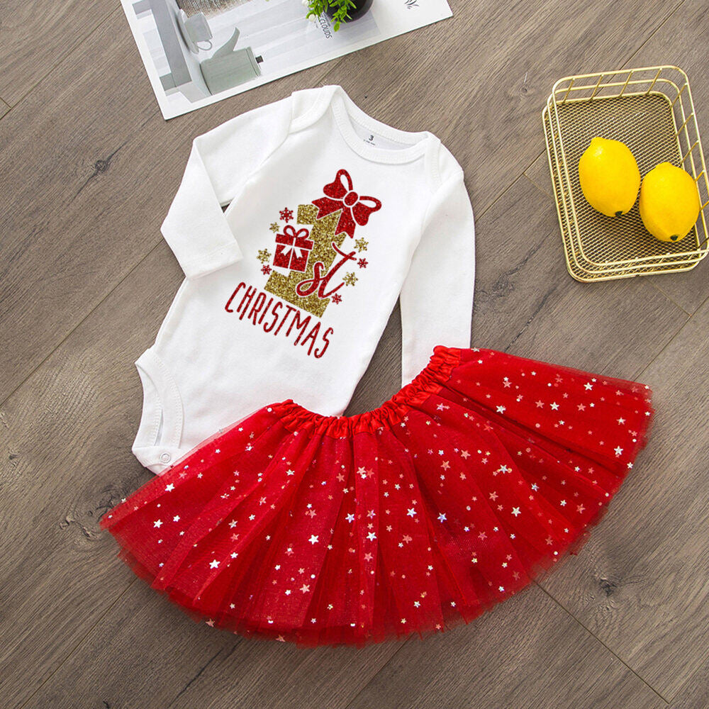My 1St Christmas Baby Bodysuit Cake Dresses Set Infant Girls Long Sleeve Playsuit Tutu Skirts Clothes Toddler Xmas Party Outfits