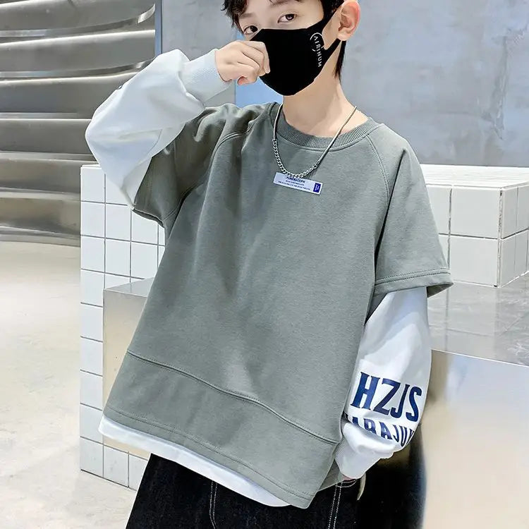 Fake Two Pieces Top Clothes for Children Kids T-shirts Children's Clothing Boys Spring Autumn Oversized T-shirt Boys' Outdoor