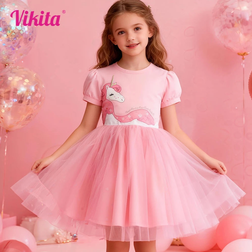 VIKITA Toddlers Pink Unicorn Appliqued Short Sleeve Summer Dress Kids Tulle Mesh Birthday Party Sweet Cute Elegant Prom Gown