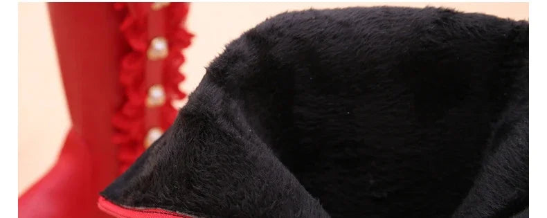 Girls Boots Autumn Winter Kids Princess Boots Lace Pearls with Bow-knot Sweet Warm Cotton Fur Lining Children Long Boots High